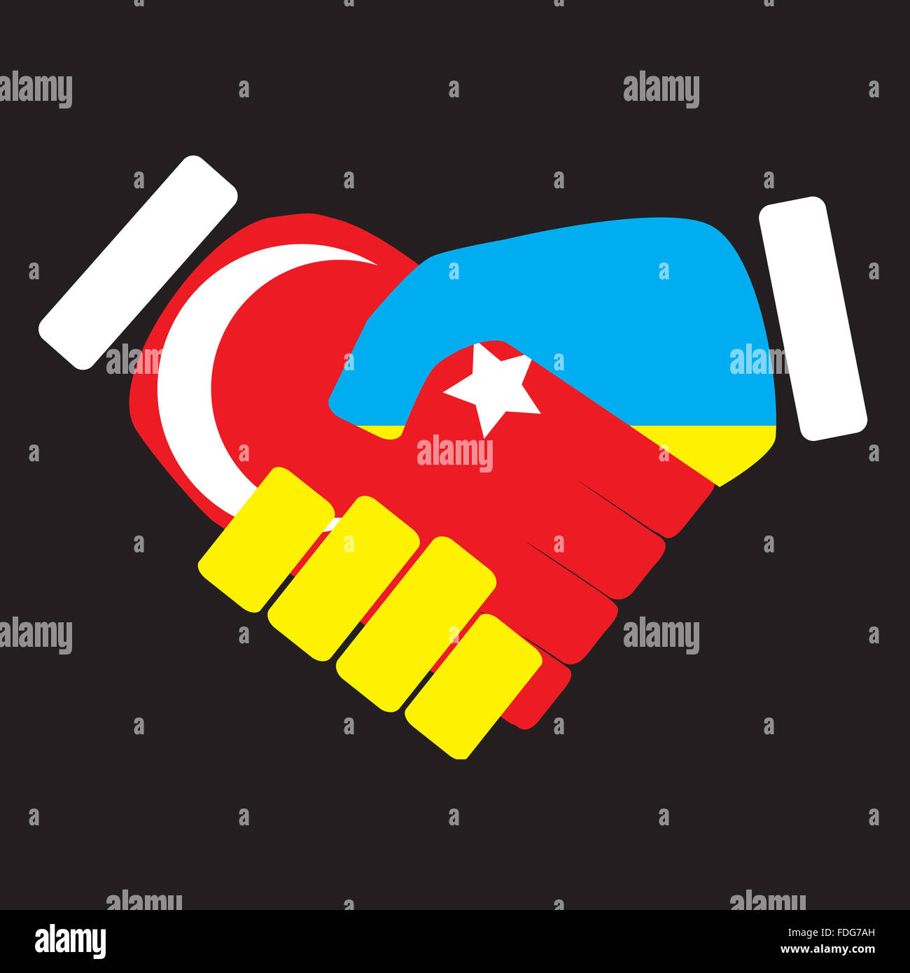 Symbol-Zeichen-Handshake-Türkei und der Ukraine. Flagge der Ukraine Zusammenarbeit Freundschaft Nation, Handshake Einheit Türkei, türkische Politik. Stockfoto