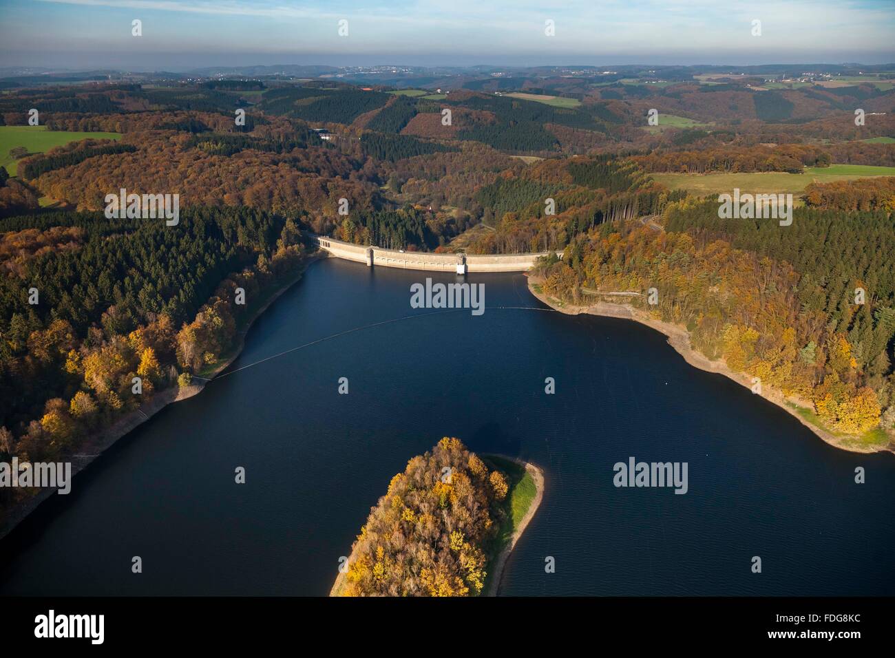 Luftaufnahme, Hasper Talsperre an der Stadt Hagen, goldenen Oktober am Stausee, bunten Herbstwald, Mischwald, Laub Stockfoto