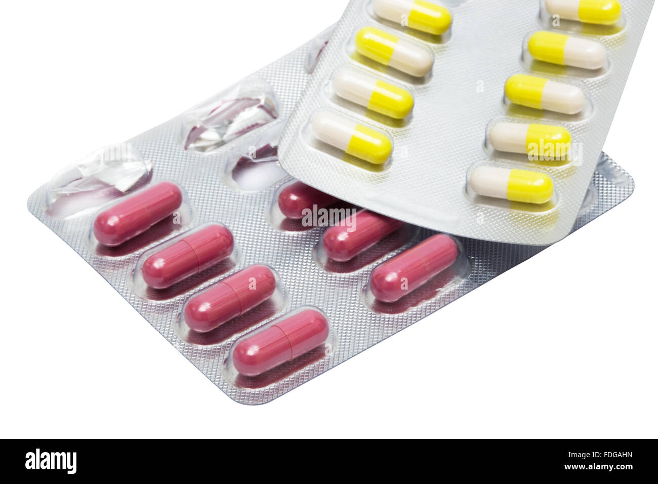 Zwei Packungen von modernen Tabletten auf weißem Hintergrund Stockfoto