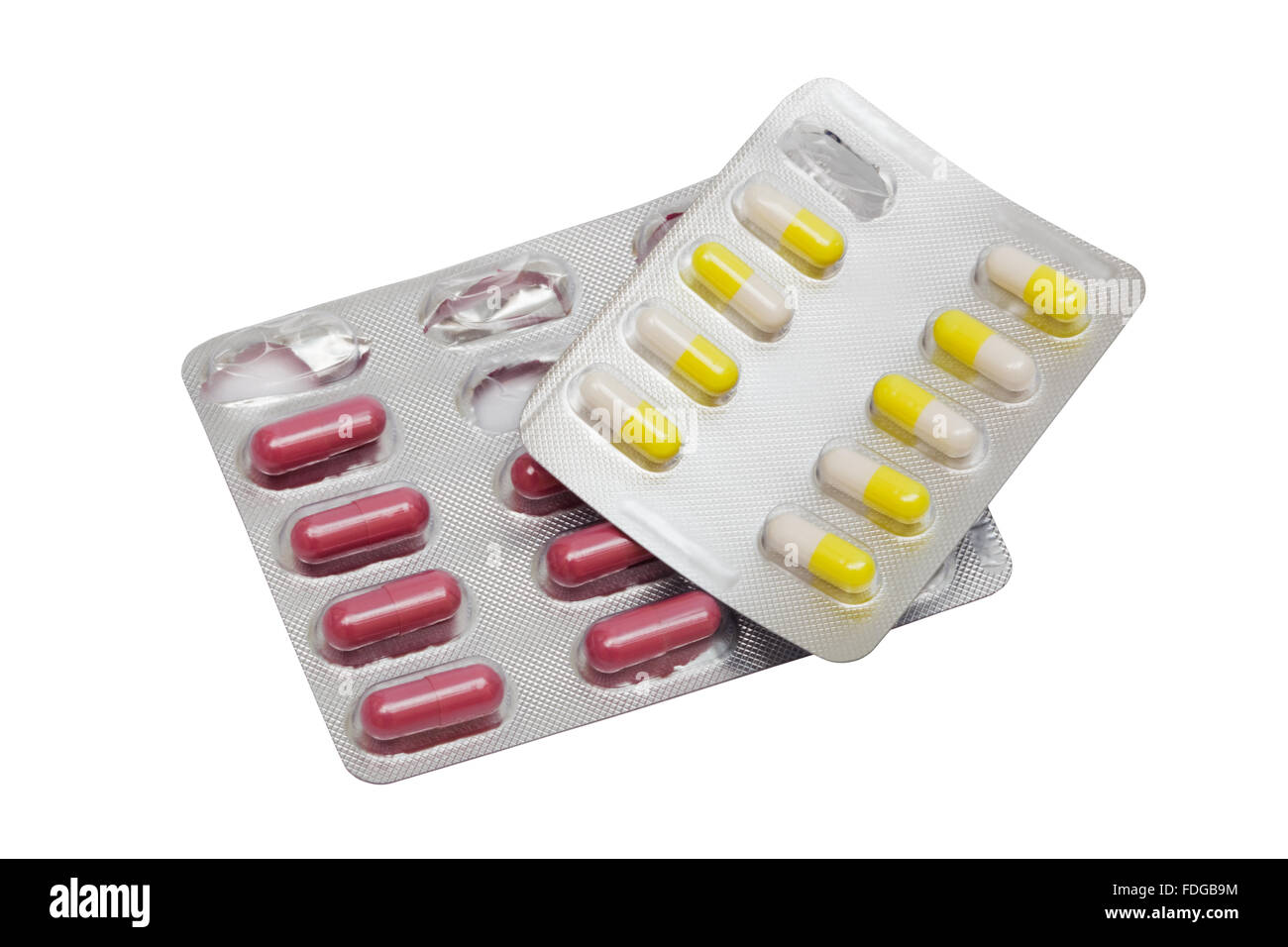 Zwei Packungen von modernen Tabletten auf weißem Hintergrund Stockfoto