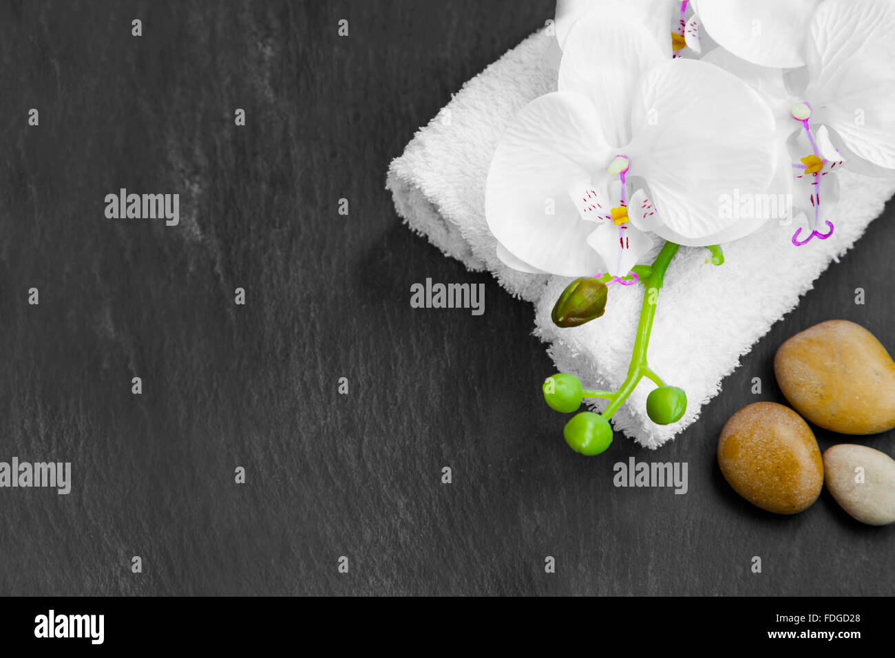 Spa-Stillleben mit massage, Steinen, weiße Orchidee und Handtücher auf grauem Hintergrund Stockfoto