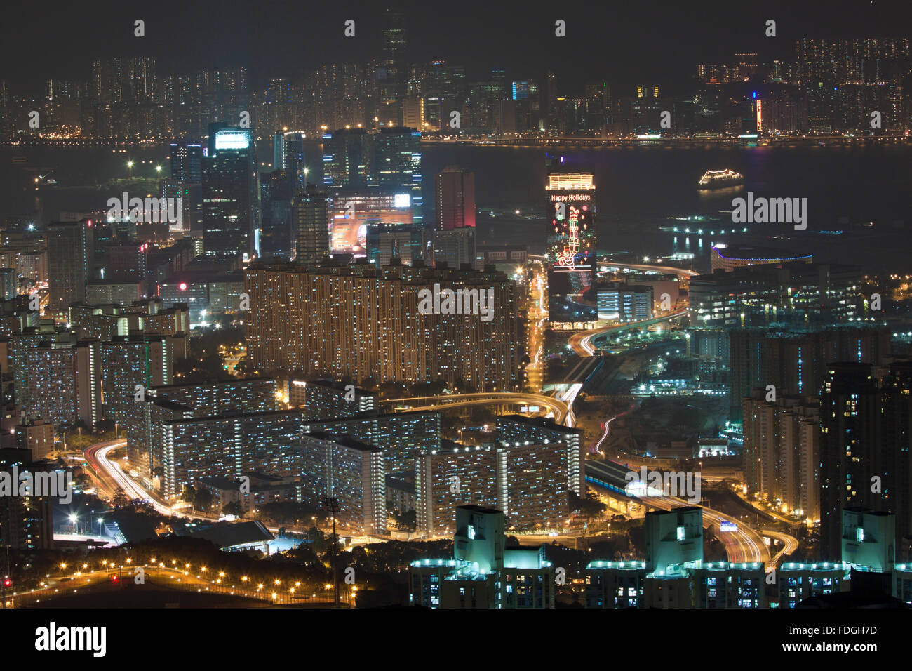 Hong Kong Innenstadt in der Nacht, Kowloon-Seite. Stockfoto