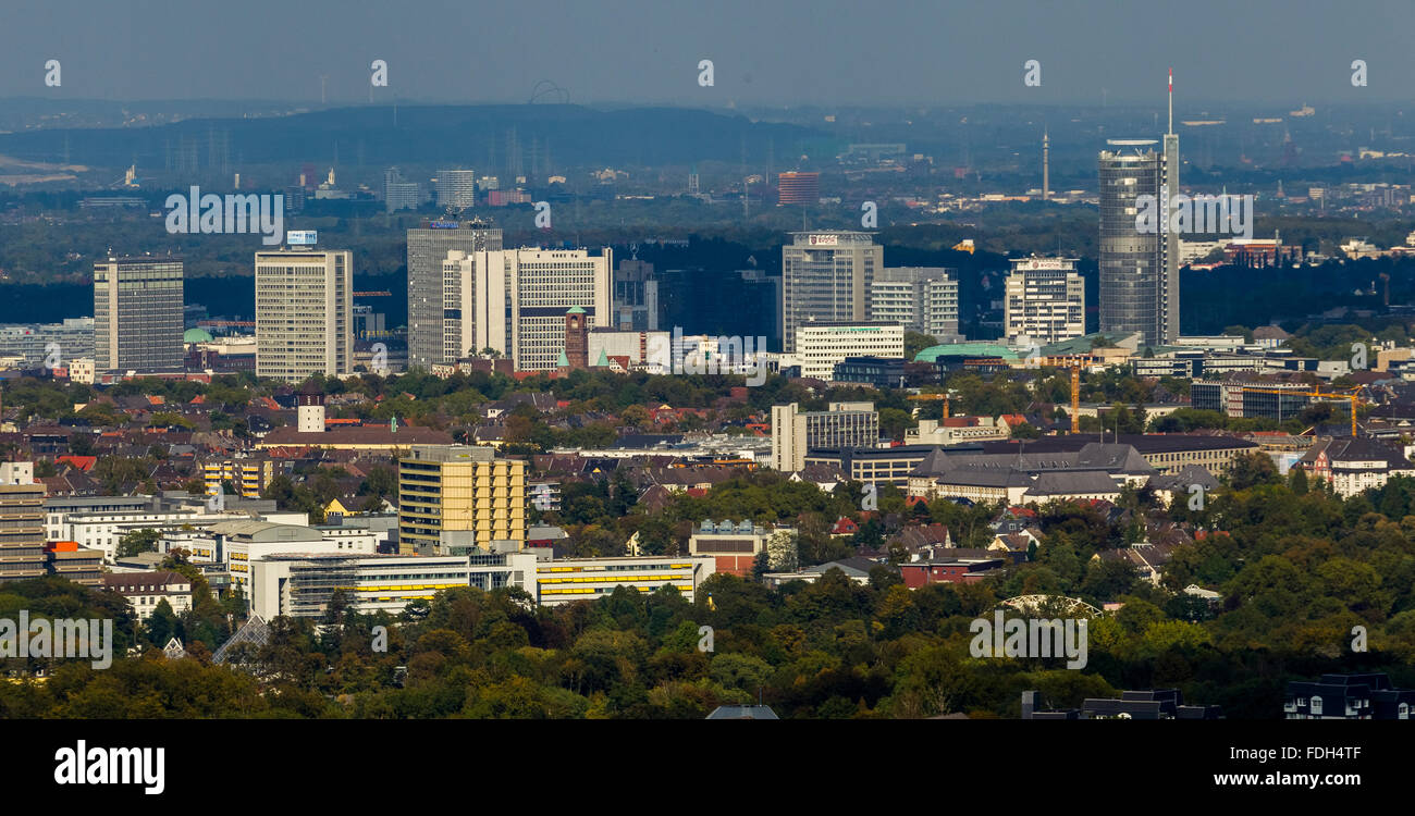 Luftaufnahme, Essen Skyline, Evonik, RWE-Turm, Headoffice der RWE Power, Bürotürme, Metropole, Essen, Ruhr, Stockfoto