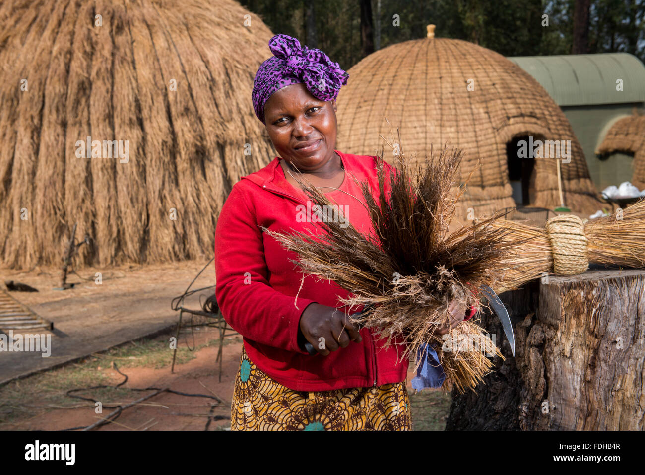 Porträt einer Frau, so dass eine Bienenstock-Hütte im Mlilwane Wildlife Sanctuary in Swasiland, Afrika. Stockfoto