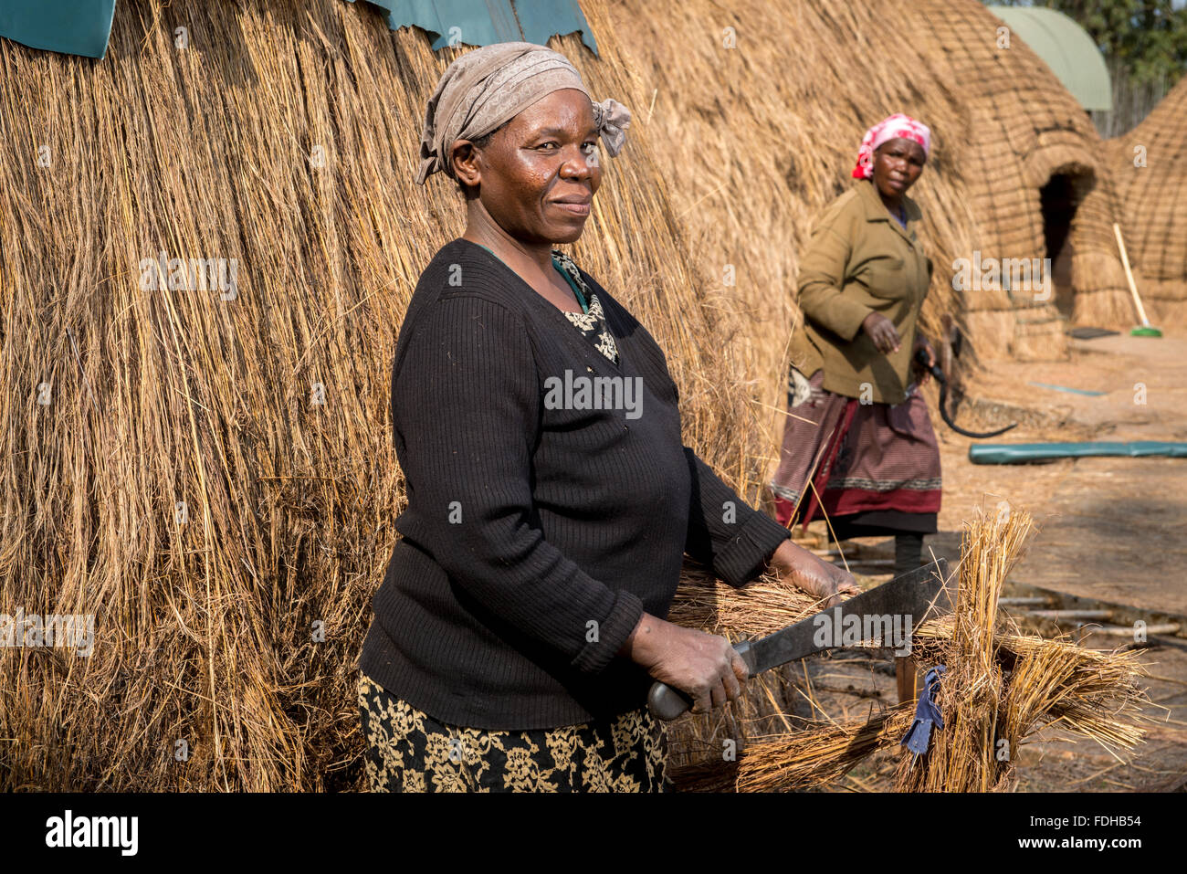 Porträt einer Frau mit einer Machete im Mlilwane Wildlife Sanctuary in Swasiland, Afrika. Stockfoto