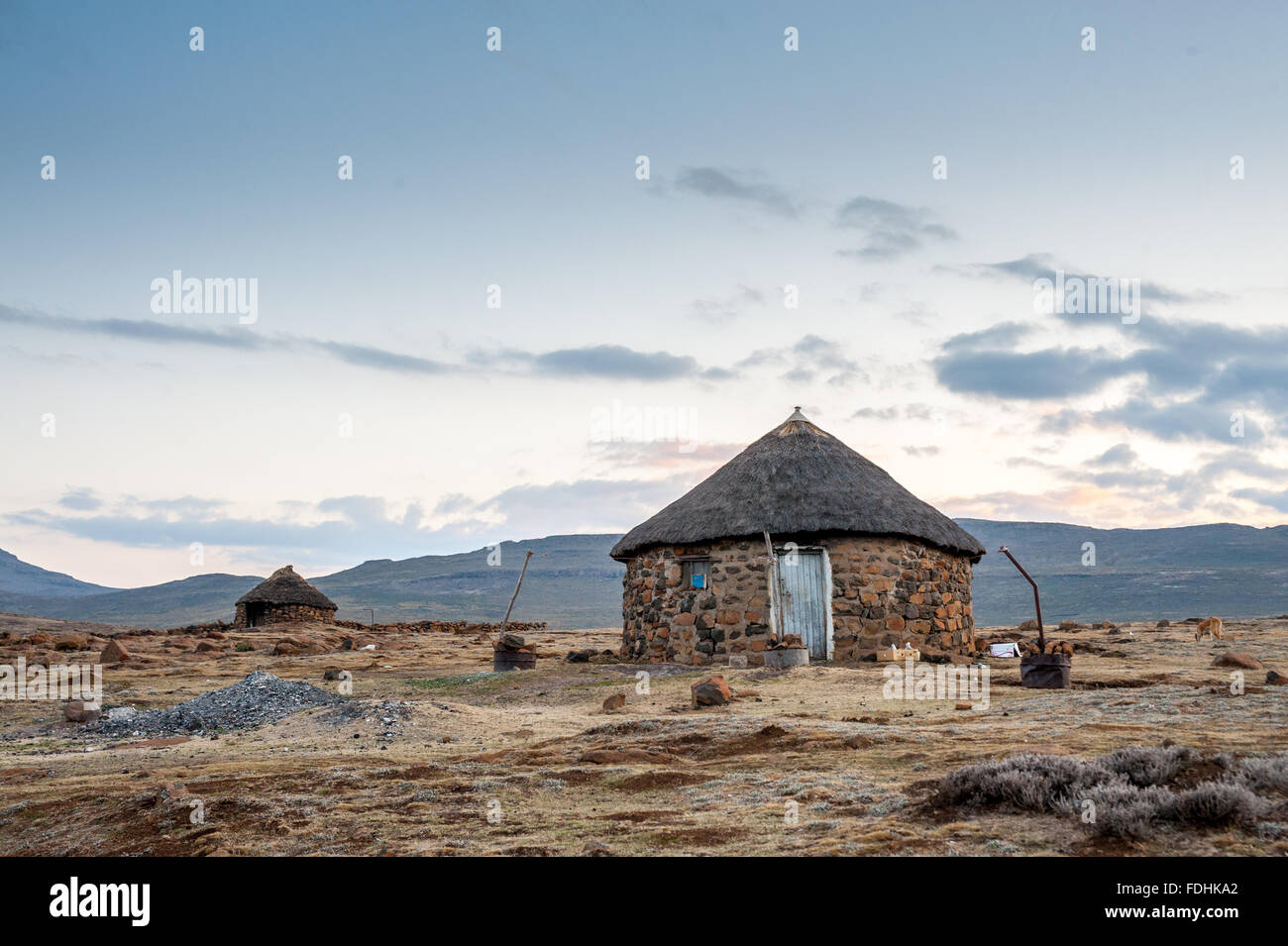 Dorf Hütten in Sani Pass, Lesotho, Afrika. Stockfoto