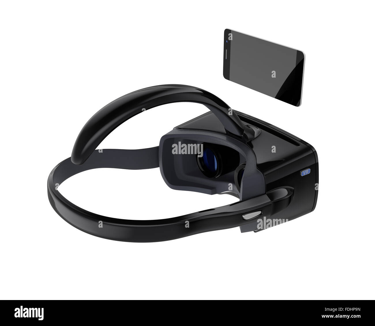 Smartphone-Einsatz in einer schwarzen VR-Kopfhörer. Clipping-Pfad zur Verfügung. Stockfoto
