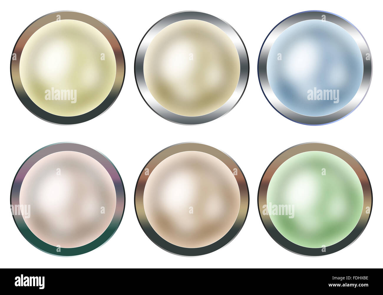 Satz von Runde Perle Tasten mit Silber Rahmen isoliert auf weißem Hintergrund Stockfoto