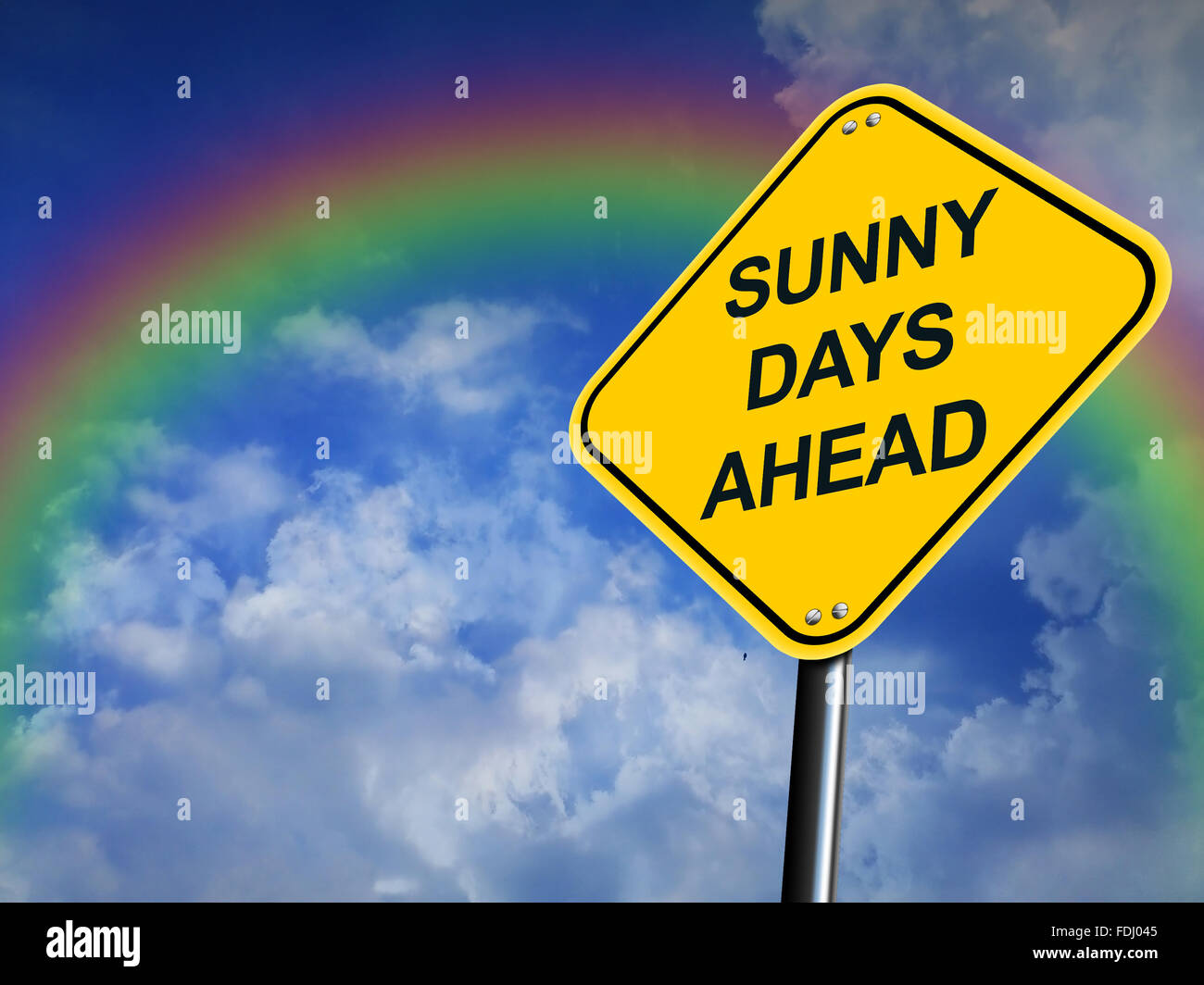Sonnige Tage voraus Verkehrszeichen mit einem Regenbogen im Hintergrund Stockfoto
