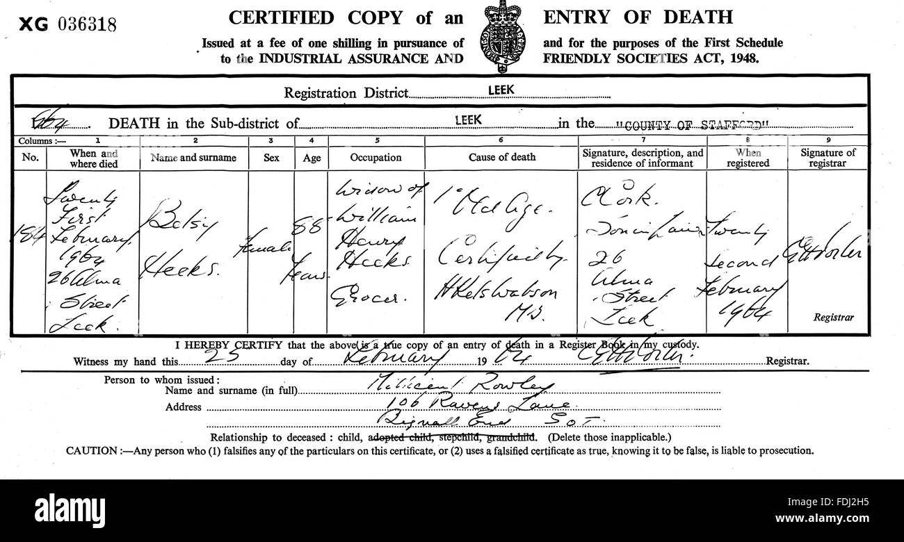 Tod-Zertifikat England UK Leek Staffordshire Stockfoto