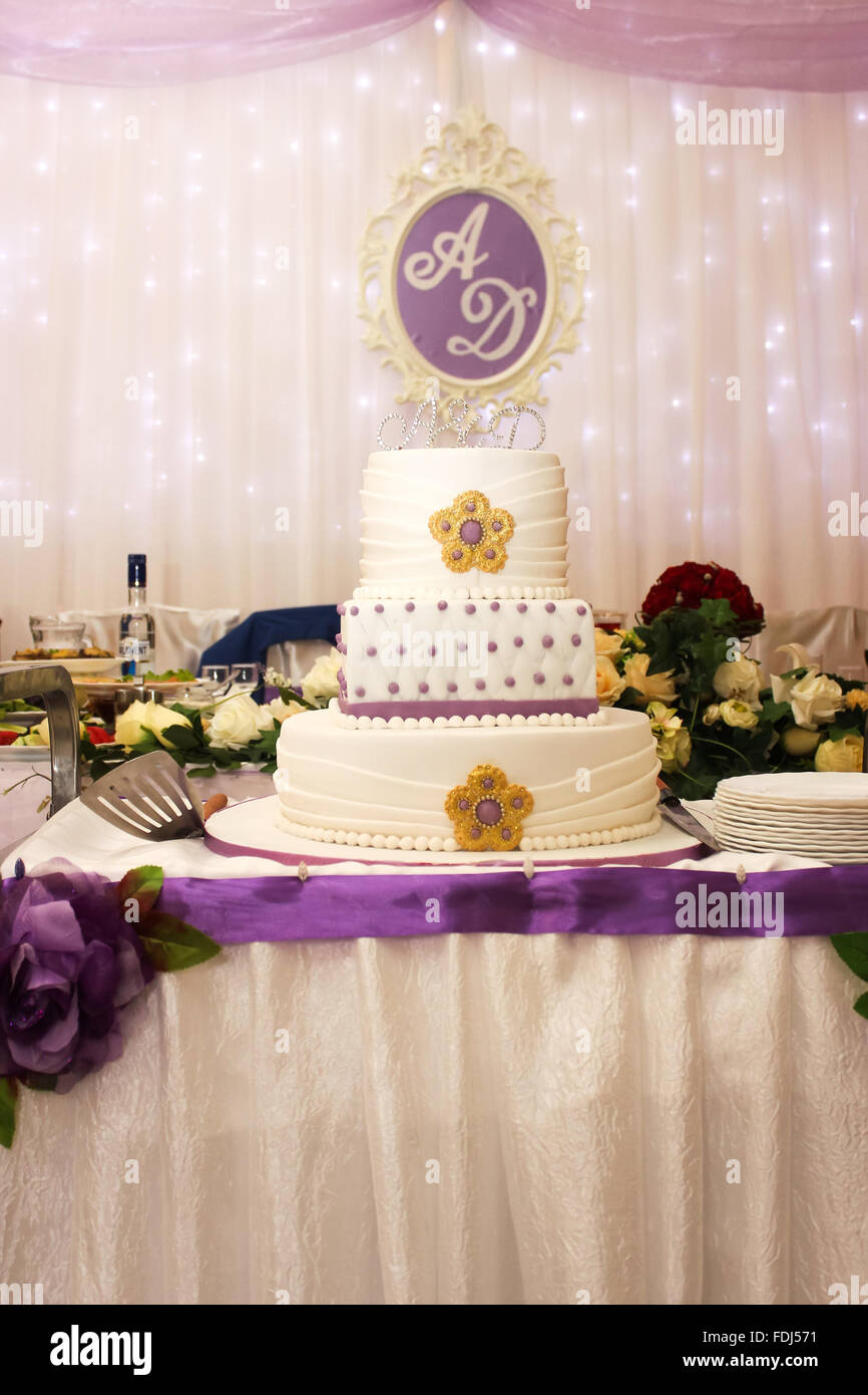 Wunderschöne mehrstufigen Hochzeitstorte mit violetten Tönen Stockfoto