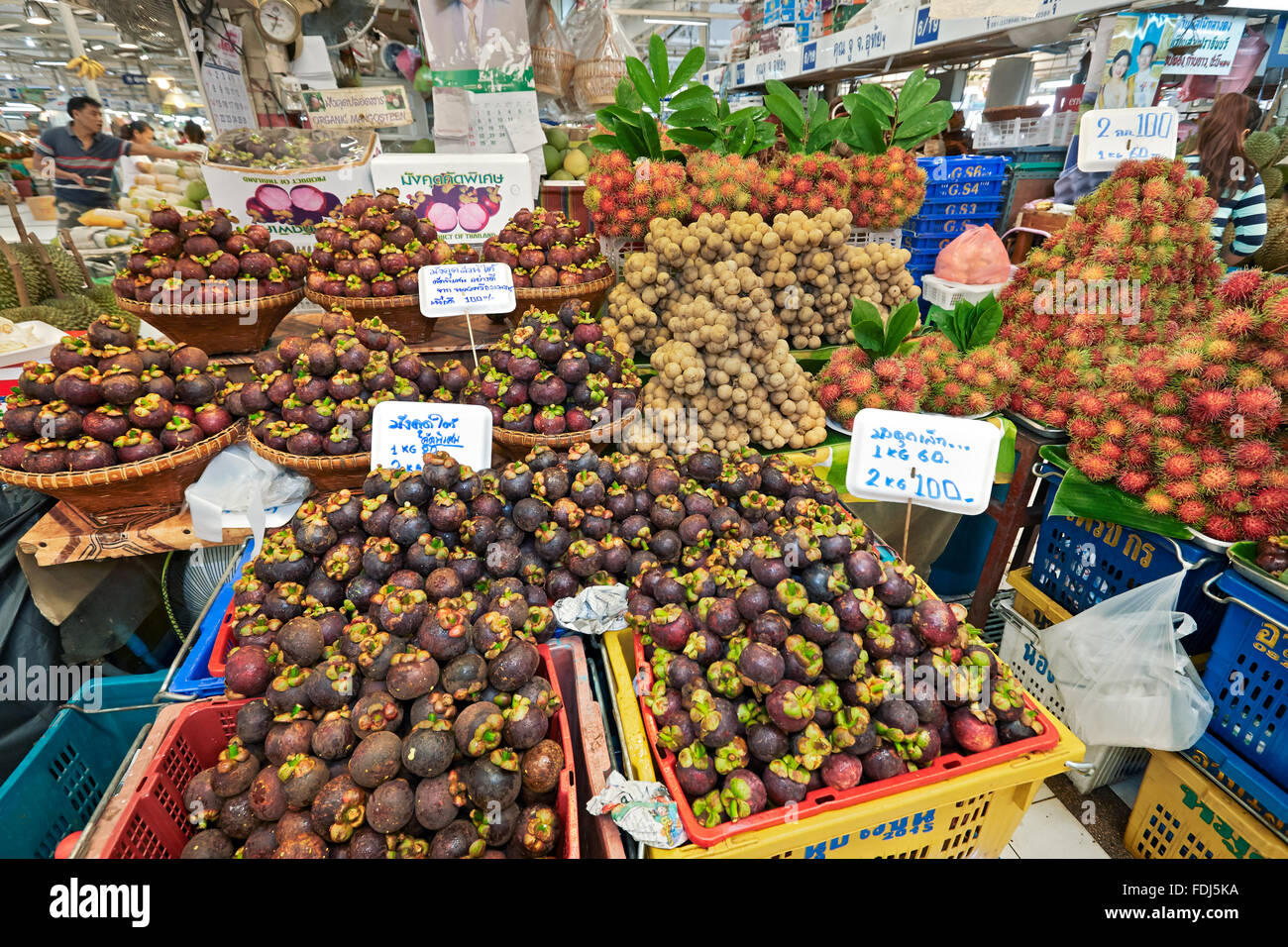 Frische Mangostan (Garcinia Mangostana) und andere tropische Früchte werden an einem Obststand auf dem oder Tor Kor Frischmarkt zum Verkauf angeboten. Bangkok, Thailand. Stockfoto