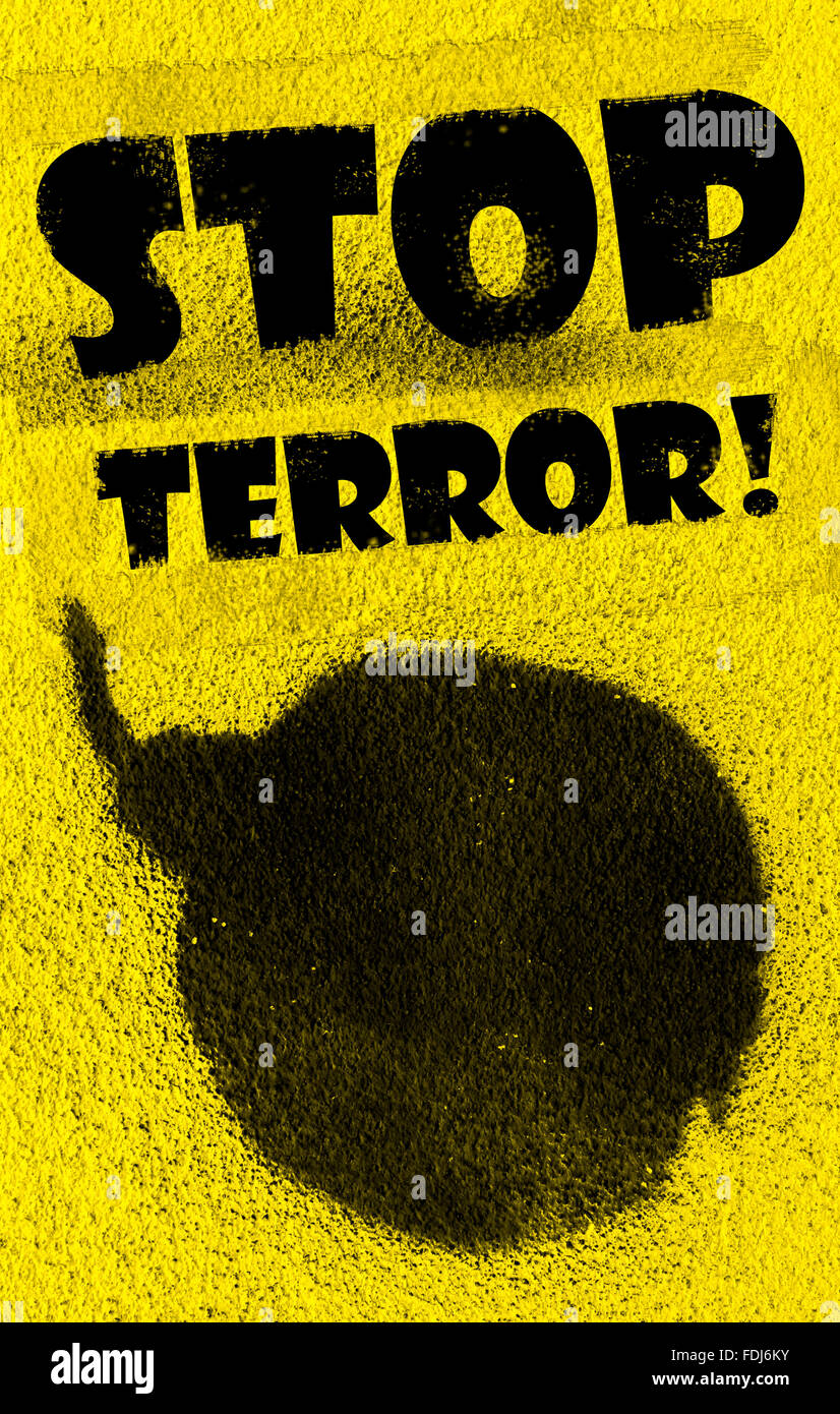 Bombe mit schwarzer Farbe Spray auf gelbem Hintergrund gemalt.  Meldung "Stop Terror!" mit Grunge-Schrift hinzugefügt. Stockfoto