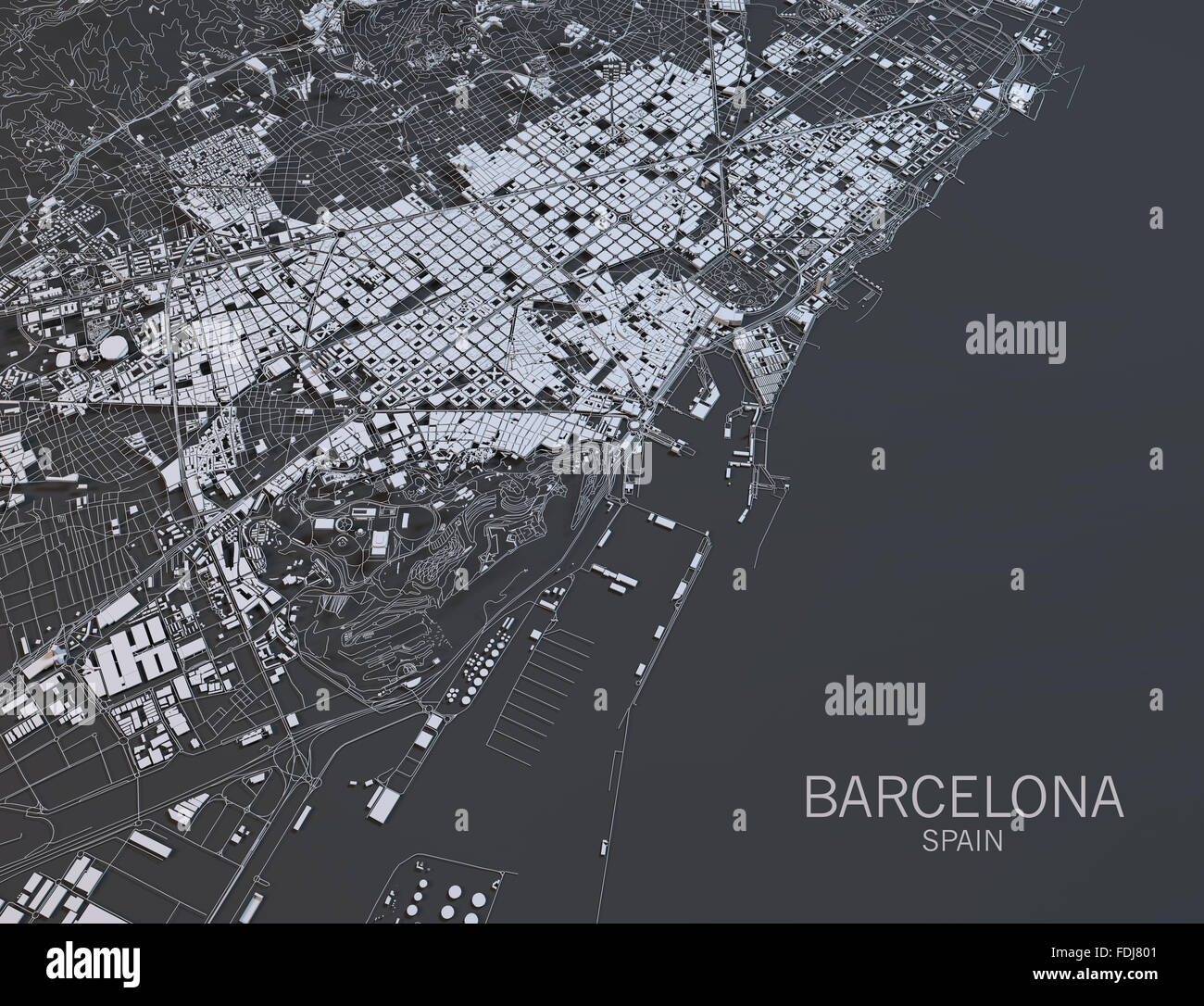Satellitenansicht von Barcelona auf schwarzem Hintergrund Stockfoto