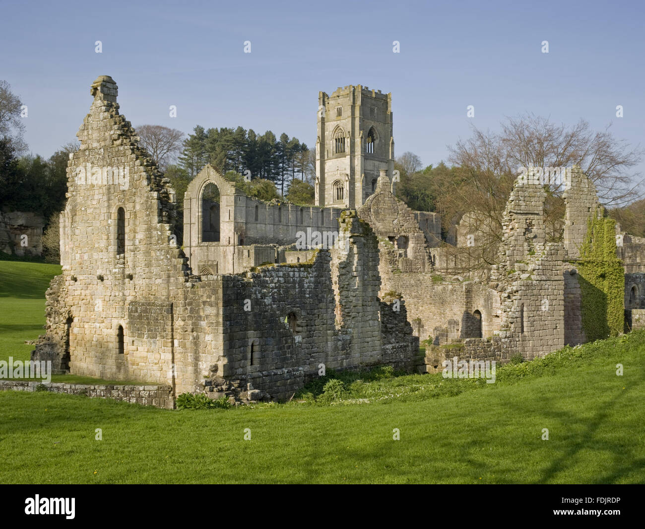 Die Ruinen der im Osten Guest House mit Turm von Fountains Abbey dahinter. Eine Zisterzienser-Gemeinschaft von Mönchen wurde hier in North Yorkshire im zwölften Jahrhundert bis zu seiner Auflösung im sechzehnten Jahrhundert gegründet. Stockfoto