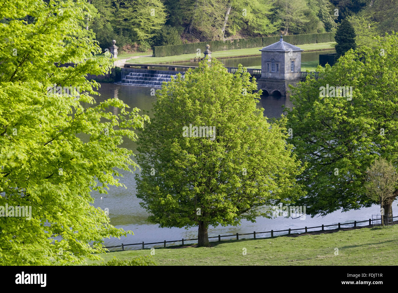 Ein Blick auf den See von Deer Park von Studley Royal Water Garden, North Yorkshire. John Aislabie erstellt die Gärten im achtzehnten Jahrhundert rund um den Fluss Skell Incorpoarting die malerischen Ruinen von Fountains Abbey. Stockfoto