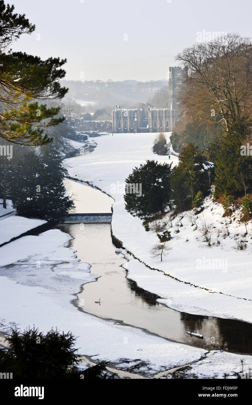 Einem wunderschönen Blick über den Halbmond Teich und Wehr Studley Royal Water Garden im Winter, von der Überraschung Blick in Richtung Fountains Abbey, North Yorkshire. Stockfoto