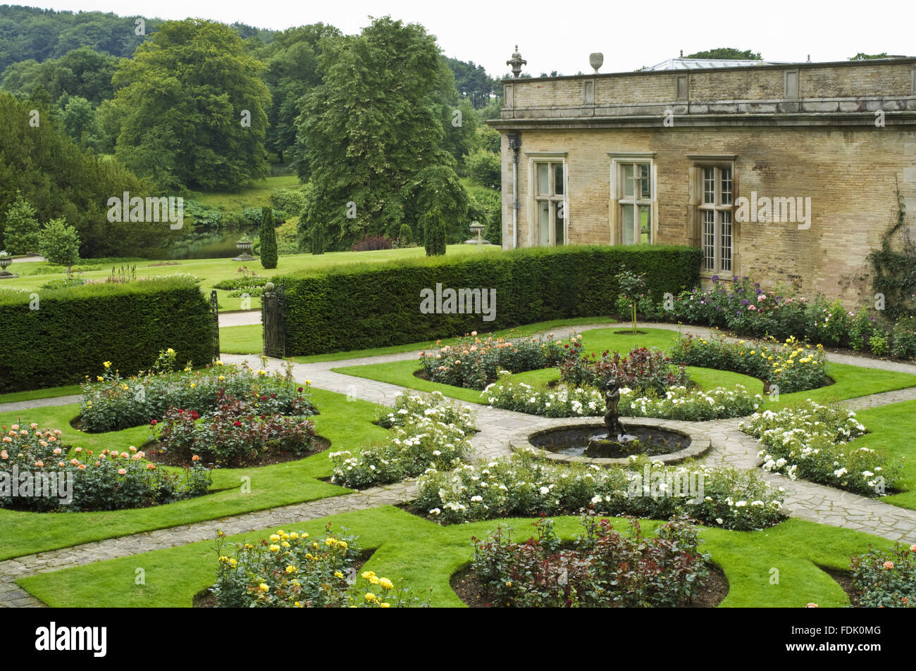 Der Rose Garden im Osten von der Orangerie im Lyme Park in Cheshire. Stockfoto