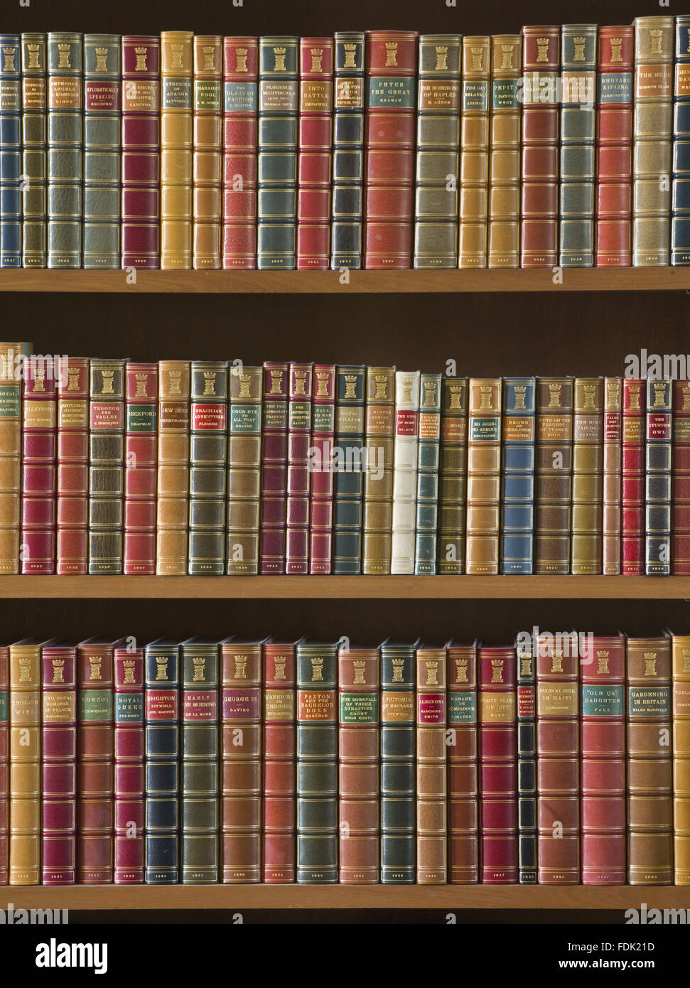 Leder gebundene Bücher in den Regalen in der Bibliothek in Anglesey Abbey, Cambridgeshire. Stockfoto