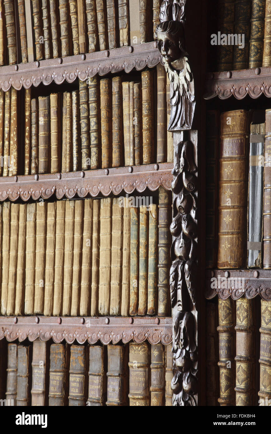 Detail des neunzehnten Jahrhunderts Bibliothek Bücherregale in Chirk Castle, Wrexham. Stockfoto