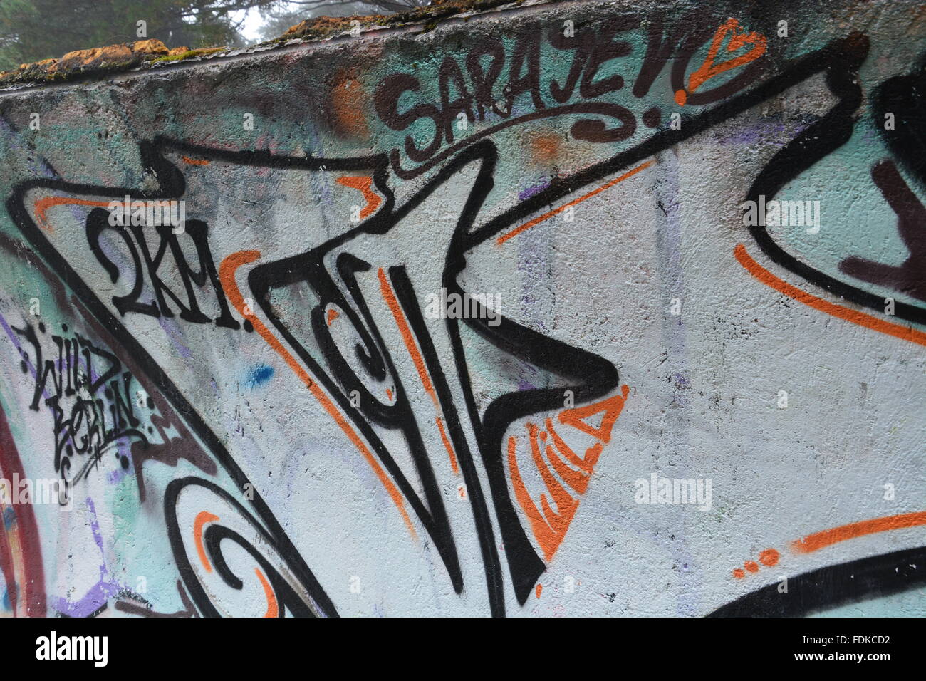 Graffiti auf der verlassenen Bob laufen aus dem Jahr 1984 Olympia-Gelände in den Bergen oberhalb von Sarajevo. Stockfoto