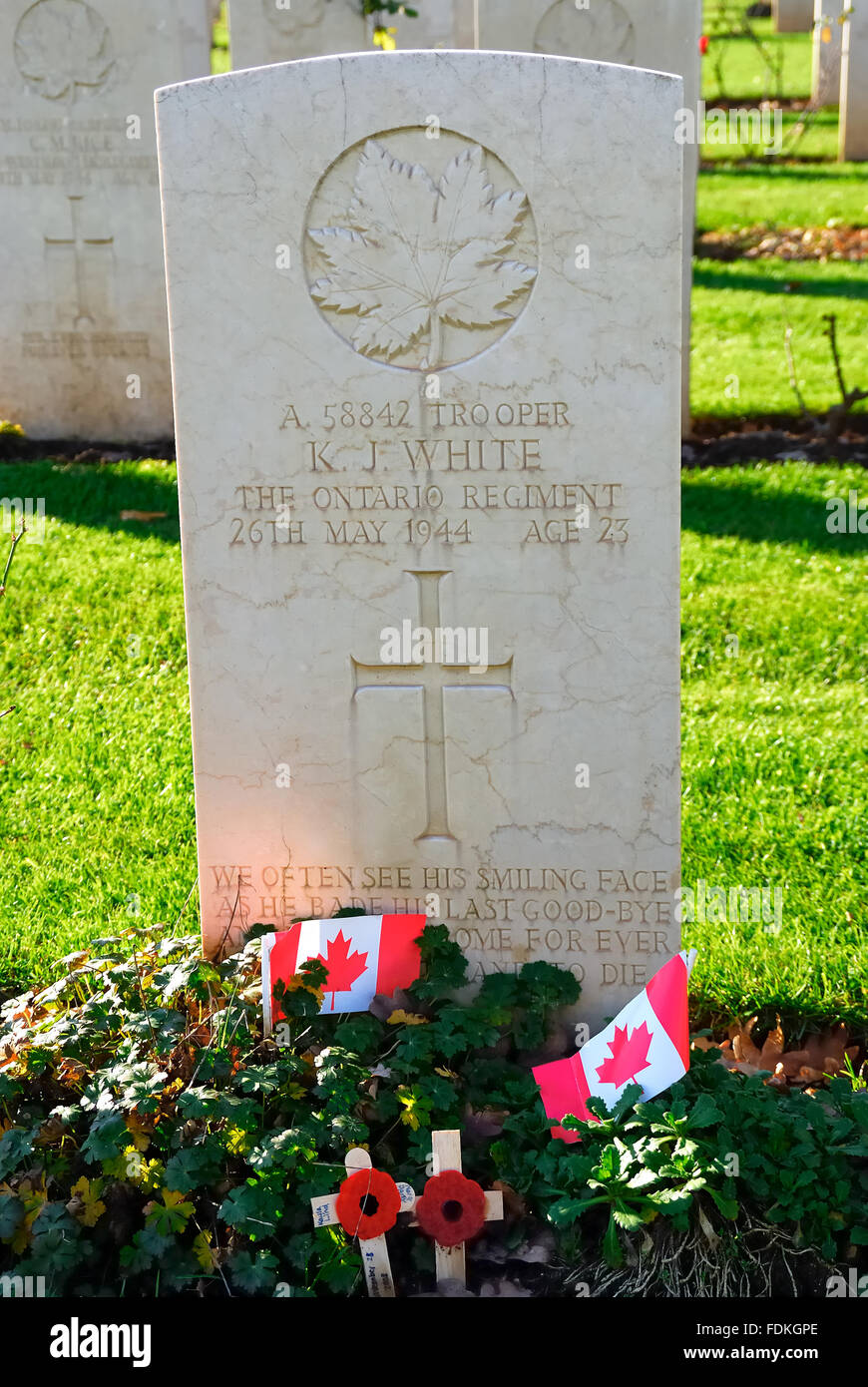 Cassino Commonwealth War Cemetery. Die Soldaten, die in der Schlacht von Monte Cassino während des zweiten Weltkriegs fiel sind dort begraben. Es gibt 4.266 Gräber von Soldaten aus UK, Kanada, Australien, Neuseeland, Südafrika, Indien, Nepal und Pakistan und ein Soldat der Roten Armee. 284 von ihnen wurden nicht identifiziert. Das Grab eines kanadischen Soldaten. Stockfoto