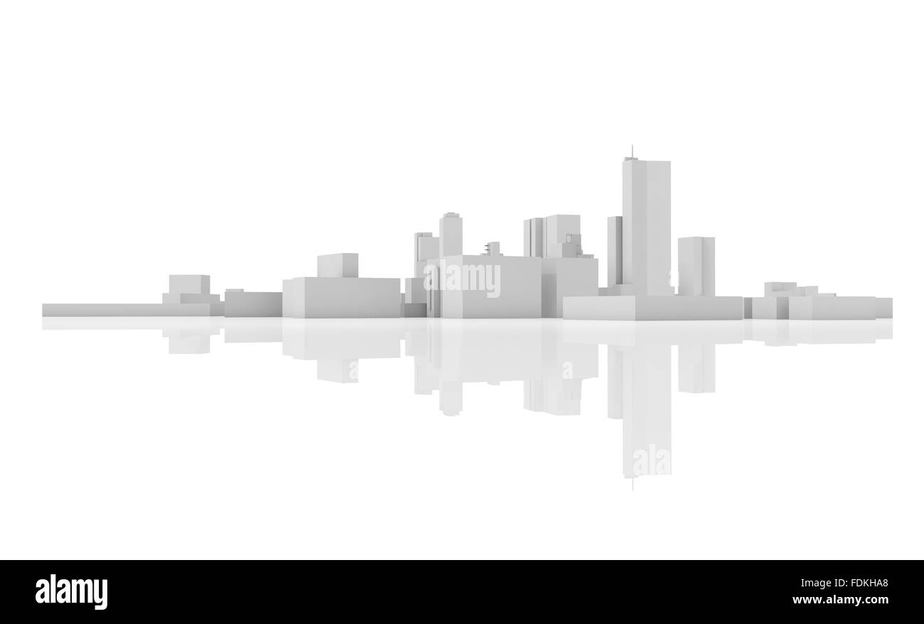 Skyline von abstrakten modernen Stadtbild. 3-d Modell isoliert auf weißem Hintergrund mit weichen Reflexion über Boden Stockfoto