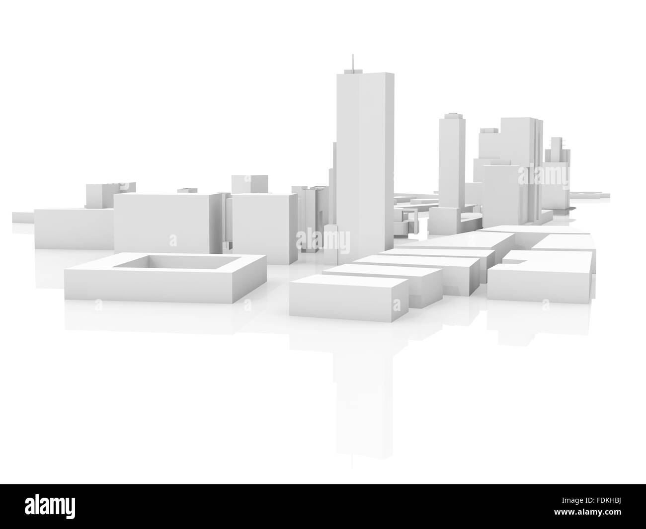 Abstrakte moderne Stadtbild Modell isoliert auf weißem Hintergrund mit weichen Reflexion über Boden, 3d illustration Stockfoto