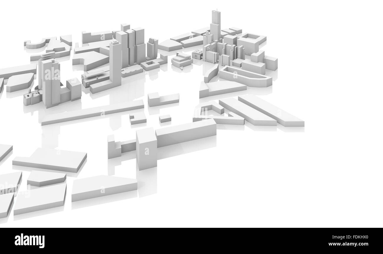 Abstrakte moderne Stadtbild 3-d Modell isoliert auf weißem Hintergrund mit weichen Reflexion über Boden Stockfoto