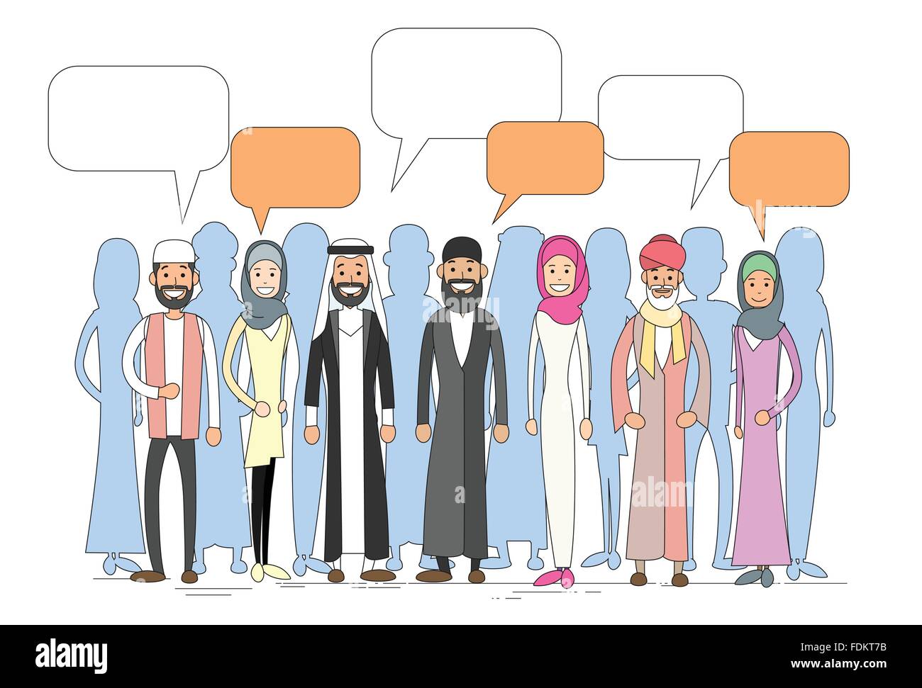 Muslimische Volksgruppe sprechen diskutieren Chat-Kommunikation soziale Netzwerk-Mann und Frau traditionelle Kleidung Stock Vektor