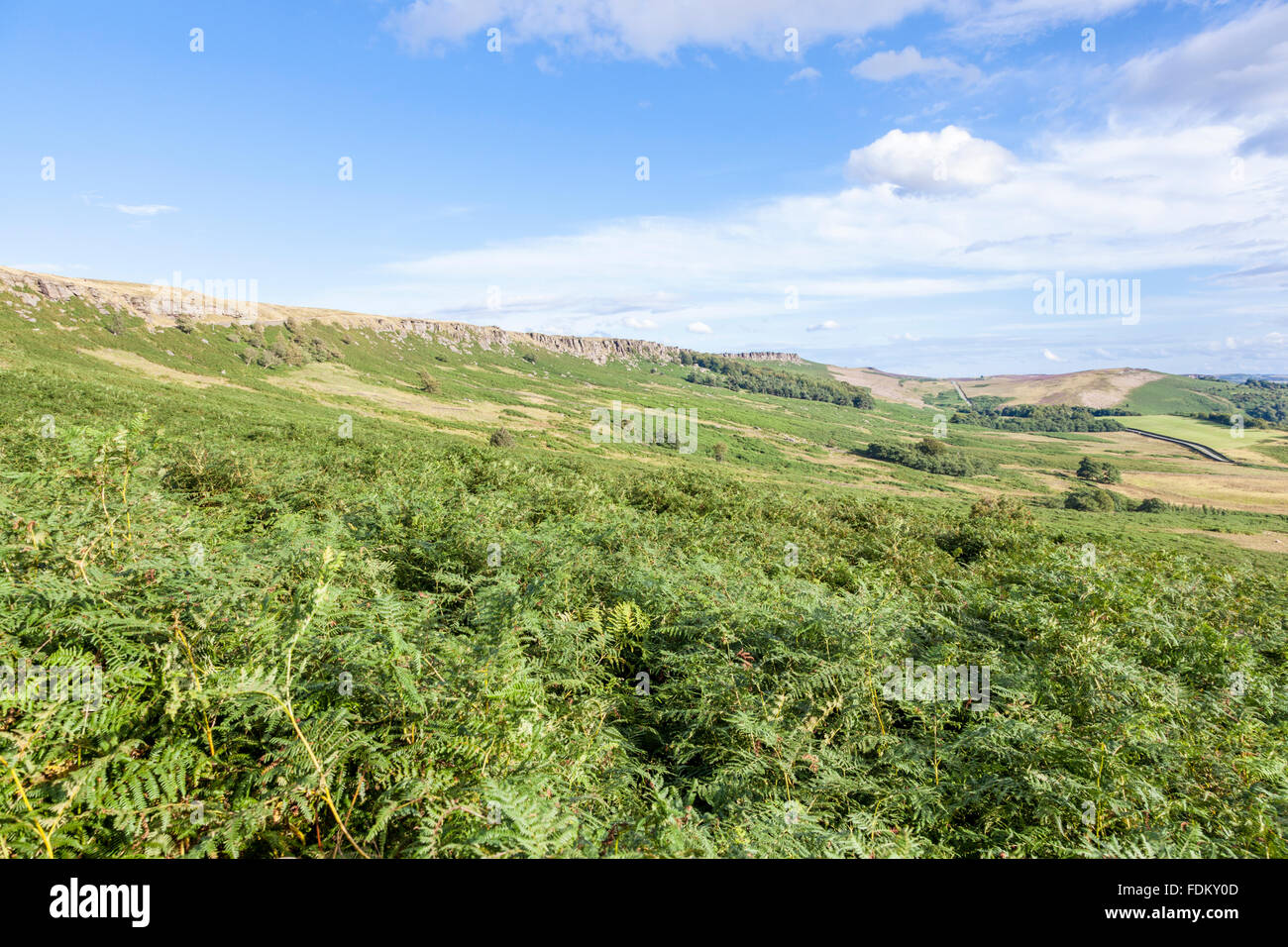 Ein Blick über Bamford Moor in Richtung der gritstone Böschung von stanage Edge, Derbyshire, Peak District National Park, England, Großbritannien Stockfoto