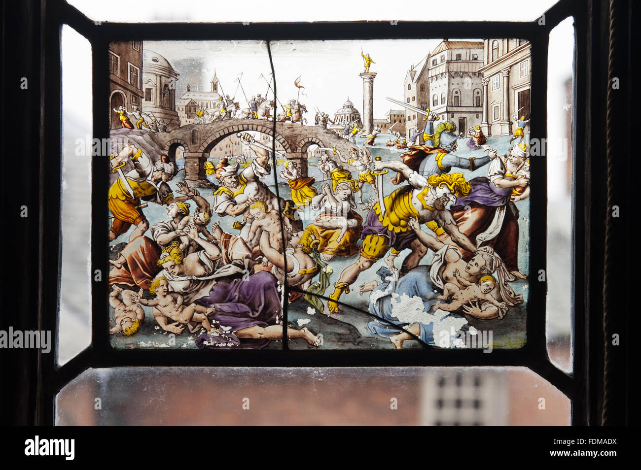 Aus Buntglas in das Fenster der Bibliothek Dunham Massey, Cheshire. Es gibt bunten Glasscheiben in den oberen Teilen der drei Bibliothek-Fenster; Sie sind siebzehnten Jahrhundert und überwiegend Flämisch. Stockfoto