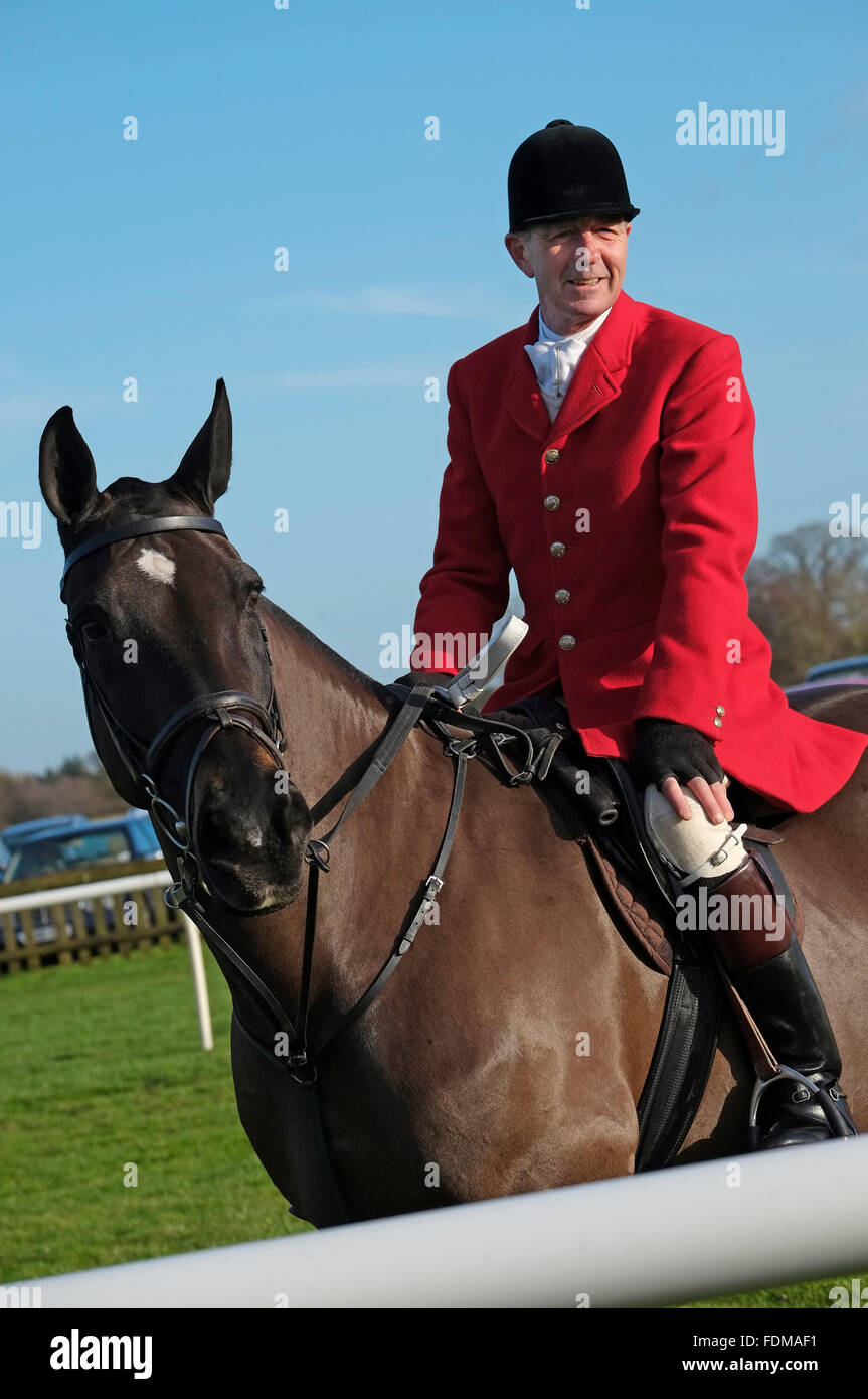 Kurs-Beamter in rote Jacke Reitpferd in Fakenham Races, North Norfolk, england Stockfoto