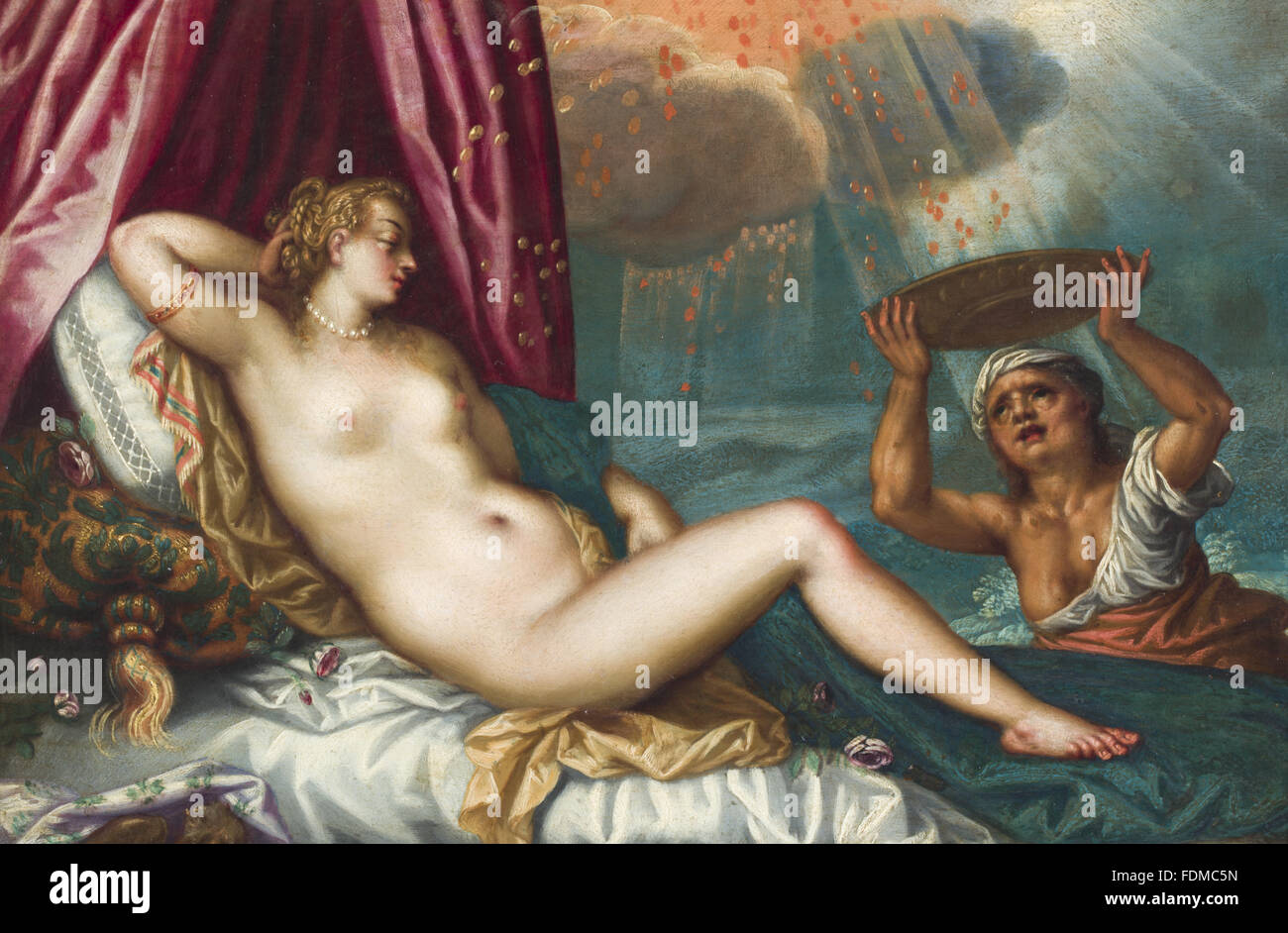 DANAE und die Dusche von GOLD, 1600 bis 1649, nach Hans Rottenhammer ich (München 1564 ¿Augsburg 1625), Öl auf Kupfer, 344 x 443 x 40 mm, Ham House, Surrey. National Trust Inventarnummer: 1139912. Wie in Ovids Metamorphosen IV, Dänae, Kehlenfick erzählt Stockfoto