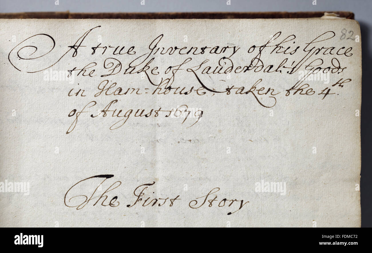 Inschrift im Inventar von August 1679 des Duke of Lauderdale Ham House, Surrey. Stockfoto