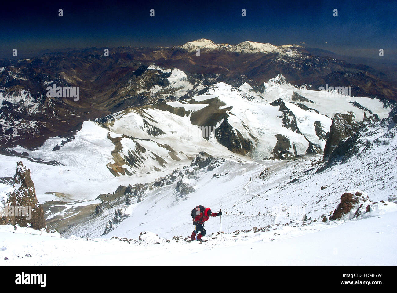 Praxis des Bergsteigens am Mount Aconcagua Stockfoto