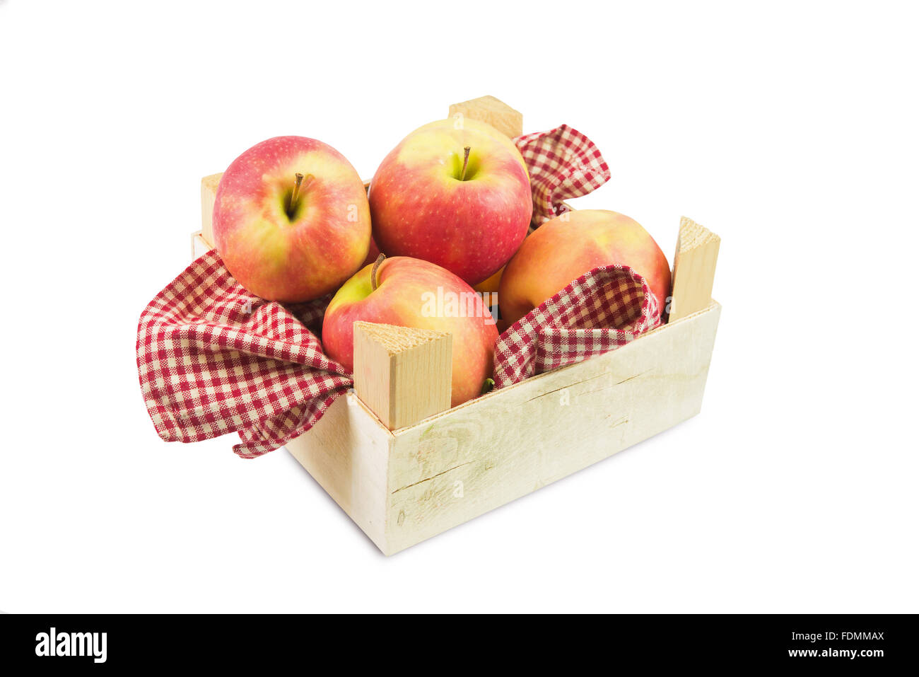 frisches Pink Lady Äpfel auf Holzkiste auf weiß Stockfoto