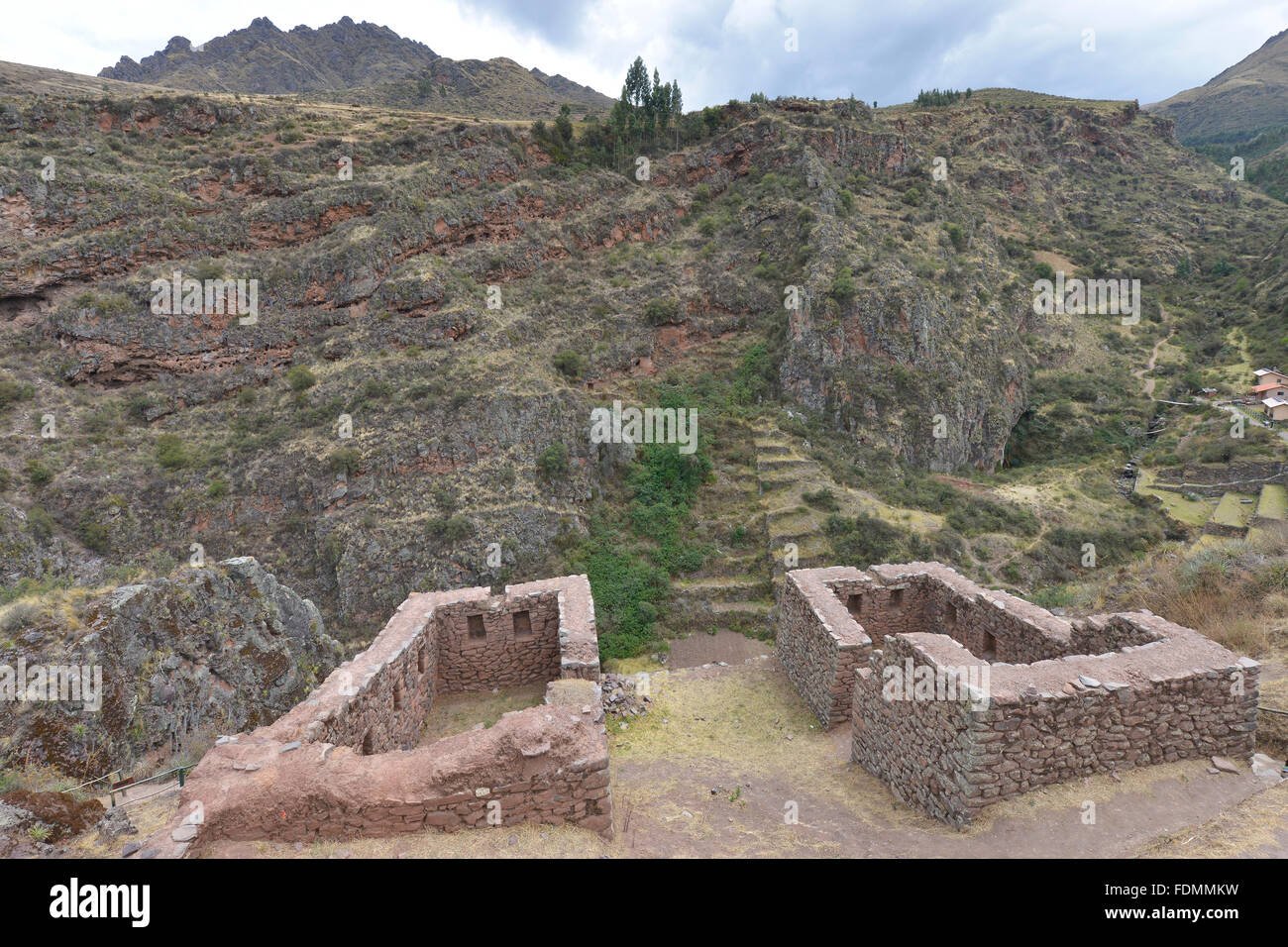 Die Inka-Ruinen in Pisac Dorf, Heilige Tal der Inkas, Peru Stockfoto