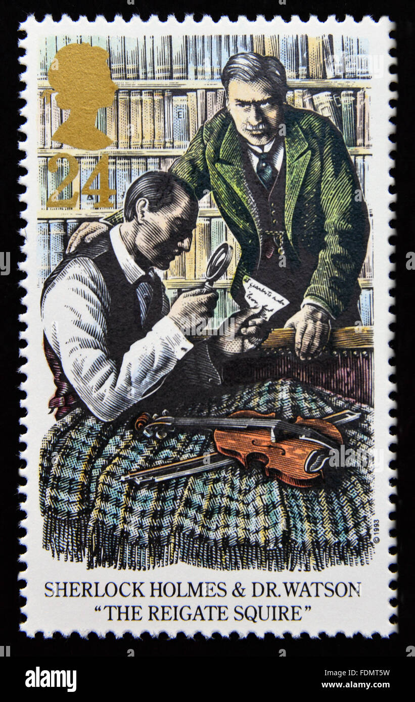 Briefmarke. Great Britain. Königin Elizabeth II. 1993. Sherlock Holmes. Hundertjahrfeier der "Das letzte Problem". 24p. Stockfoto