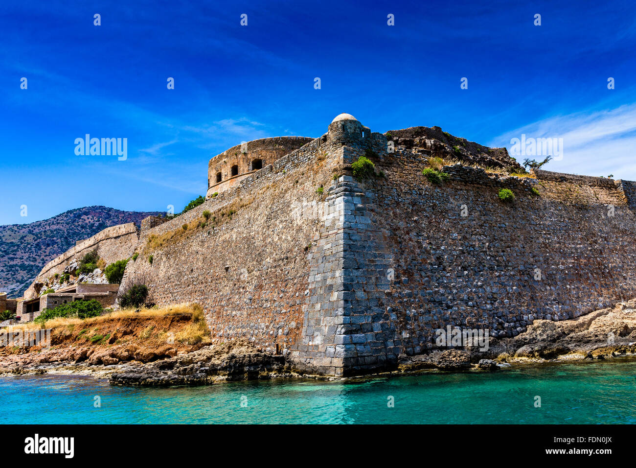 Festung auf unbewohnte griechische Insel Spinalonga oder Kalydon, Golf von Mirabello, Kreta, Griechenland Stockfoto