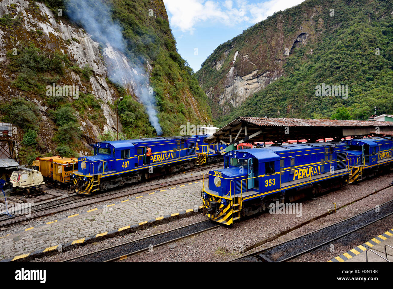 Endstation der peruanischen Südbahn Ferrocarril del Sur, Aguas Calientes, Provinz Cusco, Peru Stockfoto