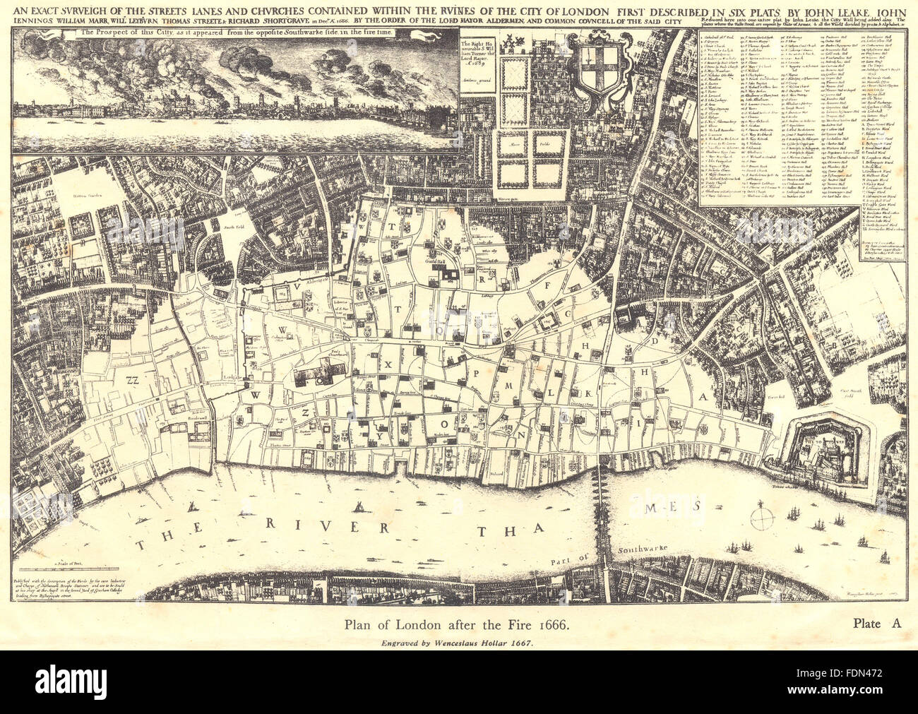 CITY OF LONDON. Plan von London nach dem Brand von 1666. Nach HOLLAR, 1944 alte Karte Stockfoto