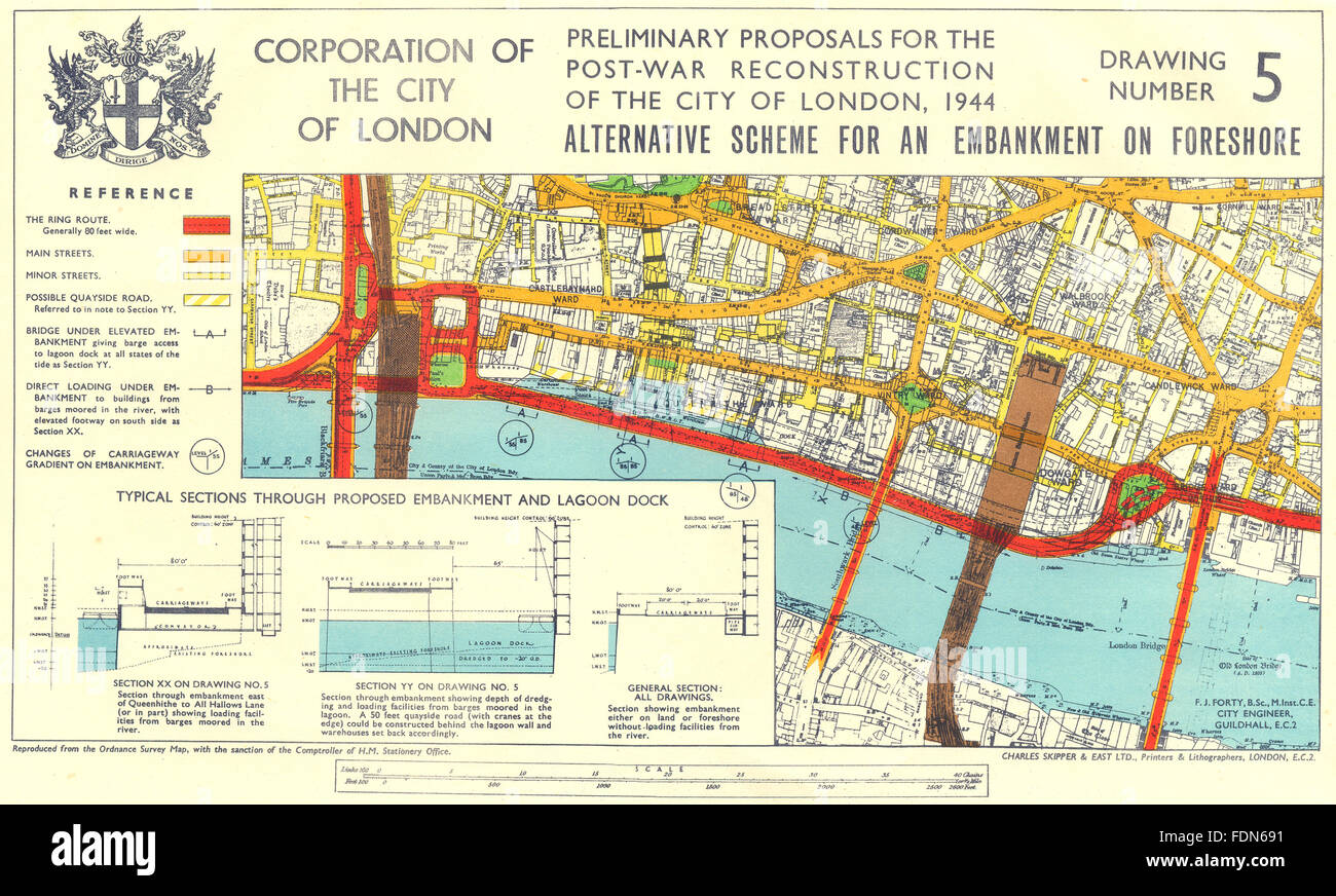 CITY OF LONDON. Nach dem zweiten Weltkrieg Thames Embankment vorgeschlagene Regelung, 1944 Vintage Karte Stockfoto