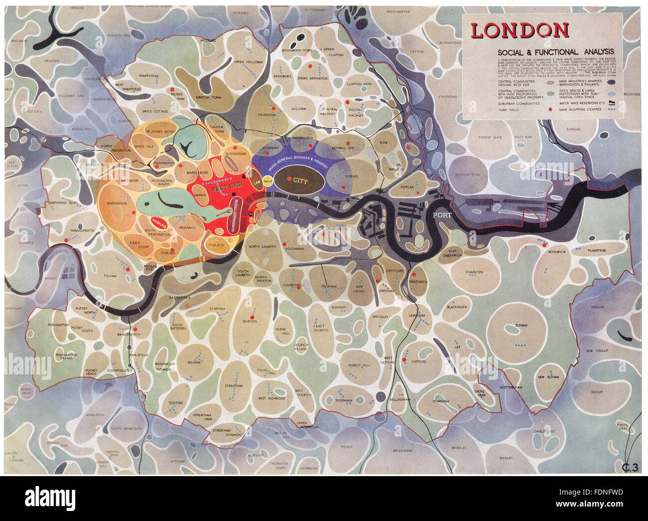 LONDON: Soziale & funktionelle Analyse, 1943 Vintage Karte Stockfoto