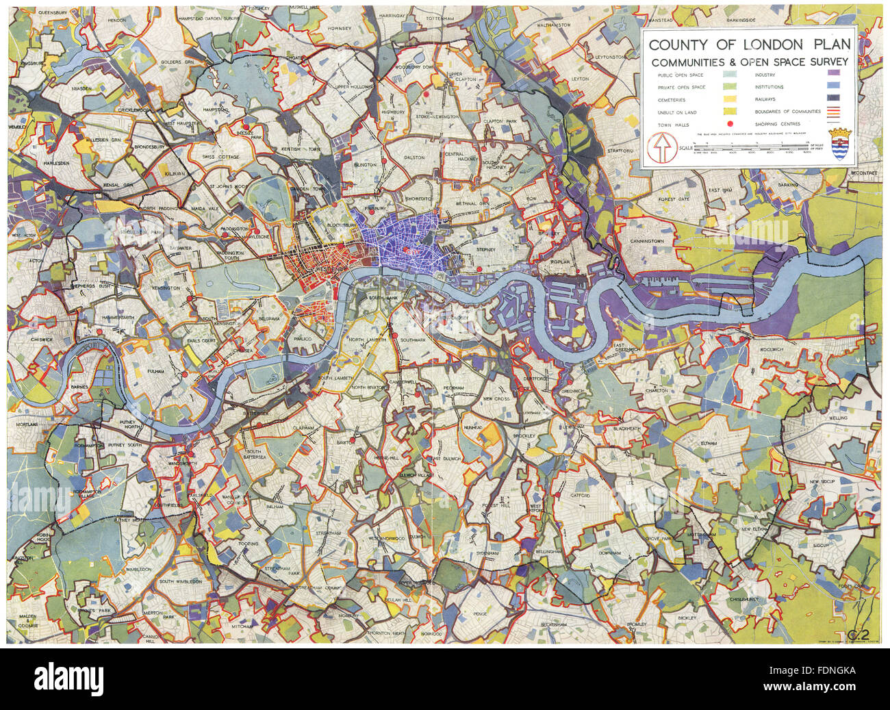 LONDON: County of London plan Gemeinden & öffnen Raum Umfrage, 1943 alte Karte Stockfoto