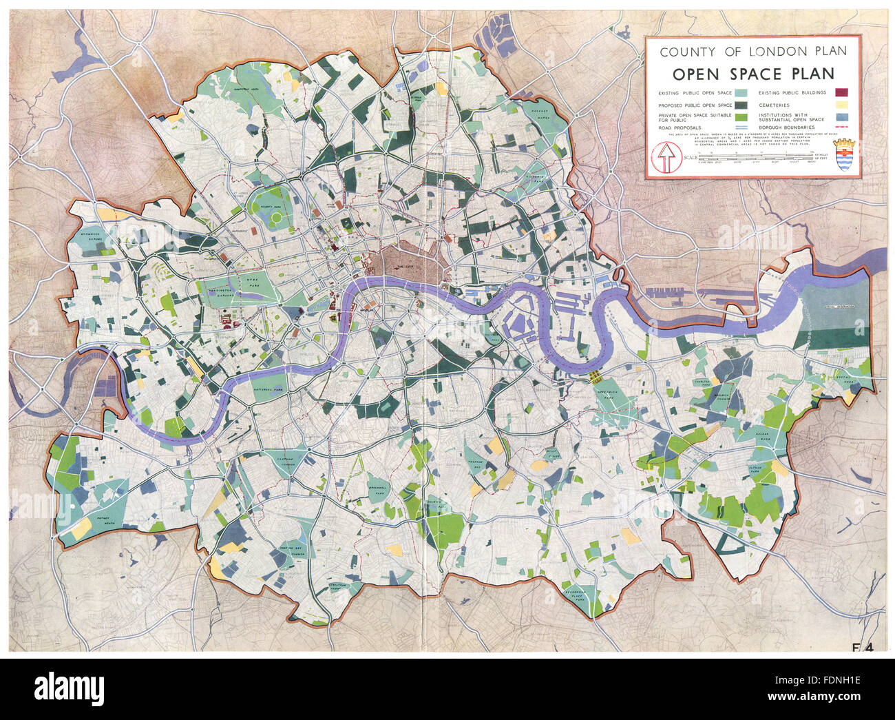 LONDON: Freiflächen & Parken System: vorhandene & geplanten Parks & Straßen, 1943 Karte Stockfoto