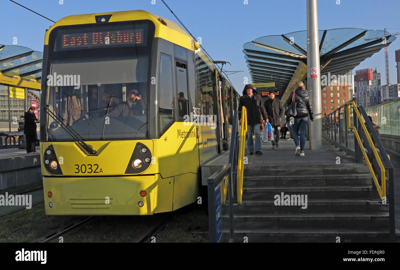 East Didsbury Metrolink Tram, Castlefield, Deansgate, Manchester, England, Vereinigtes Königreich Stockfoto