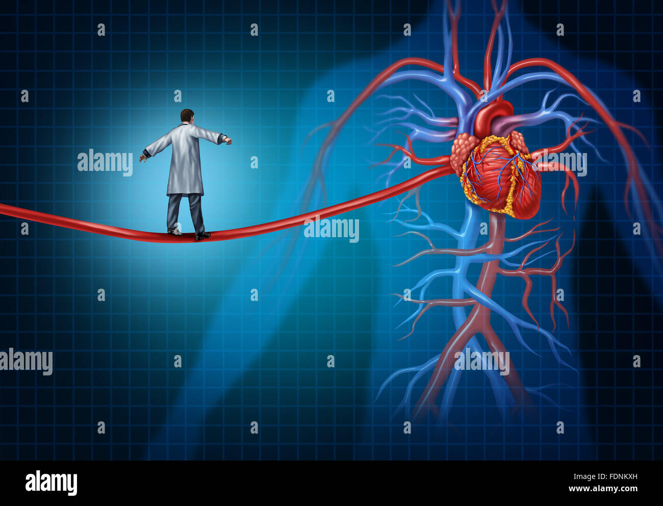 Herz-Chirurgie Konzept als ein Herzchirurg zu Fuß auf einer Arterie, geformt wie ein Hochseil-Seil-Leadsing auf das innere Herz-Kreislauf- Stockfoto