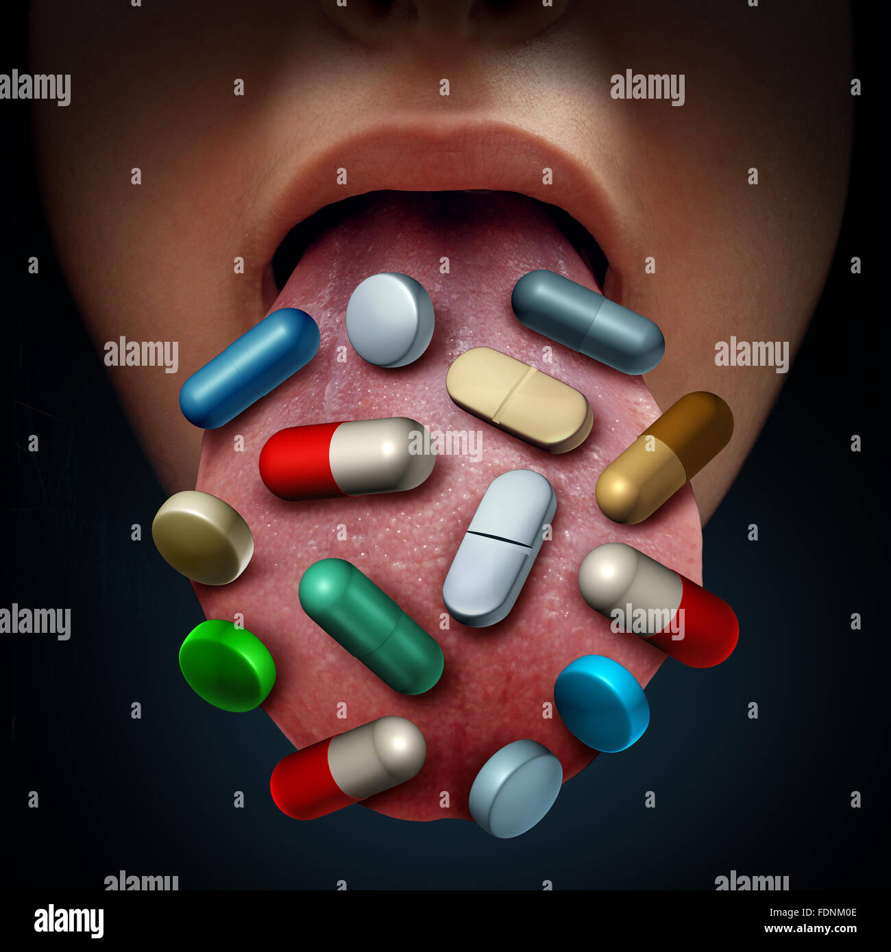 Pillen und Medizin medizinisches Konzept als eine Gruppe von verschreibungspflichtigen Medikamenten und Nahrungsergänzungsmitteln auf der Zunge des Patienten als eine Stockfoto