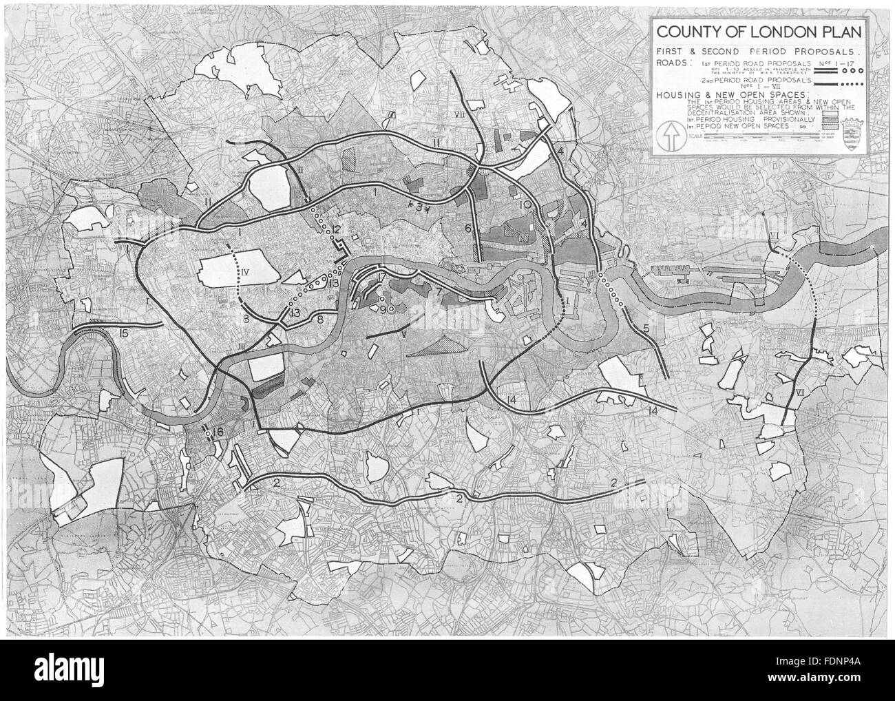 LONDON: Zeit Planung: 1. & 2. Vorschläge; Plan, 1943 Vintage Karte Stockfoto